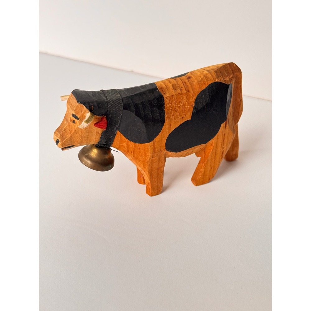 Vintage Hand Carved Wood Cow Figurine Folk Art with Leather Ears & Brass Bell